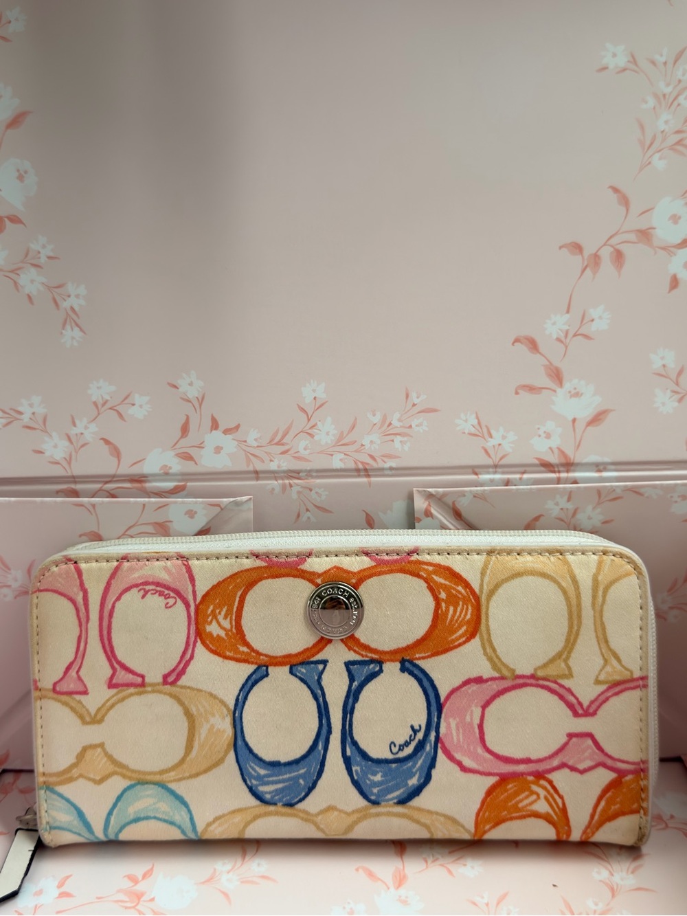 Coach Cream Zip Wallet with Pink, Blue & Orange Motif